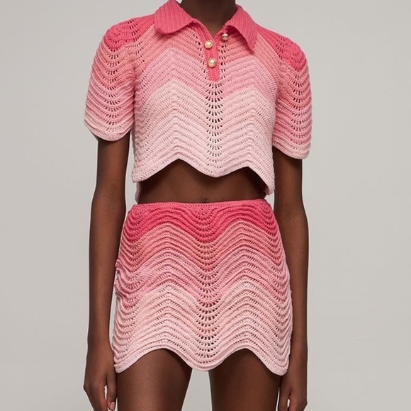 casablanca Dresses & Skirts - Casablanca SET Skirt Polo Crochet Pink Gradient Wave Knit Mini Cotton Cute Rare